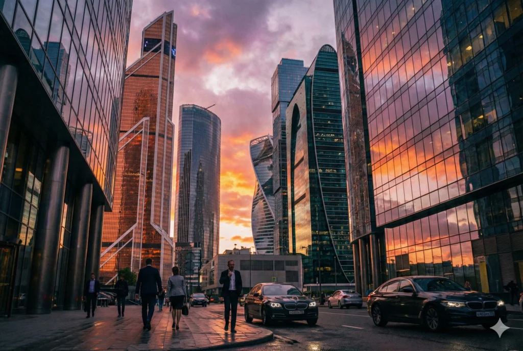 The Moscow City business towers at dusk