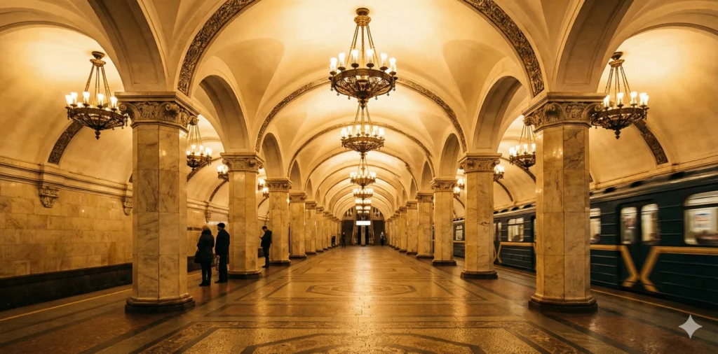 A Moscow metro station hall with chandeliers