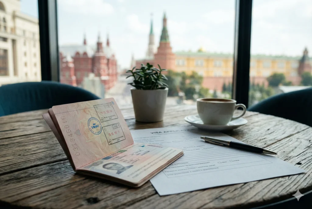 A passport on a café table with a view of the Kremlin